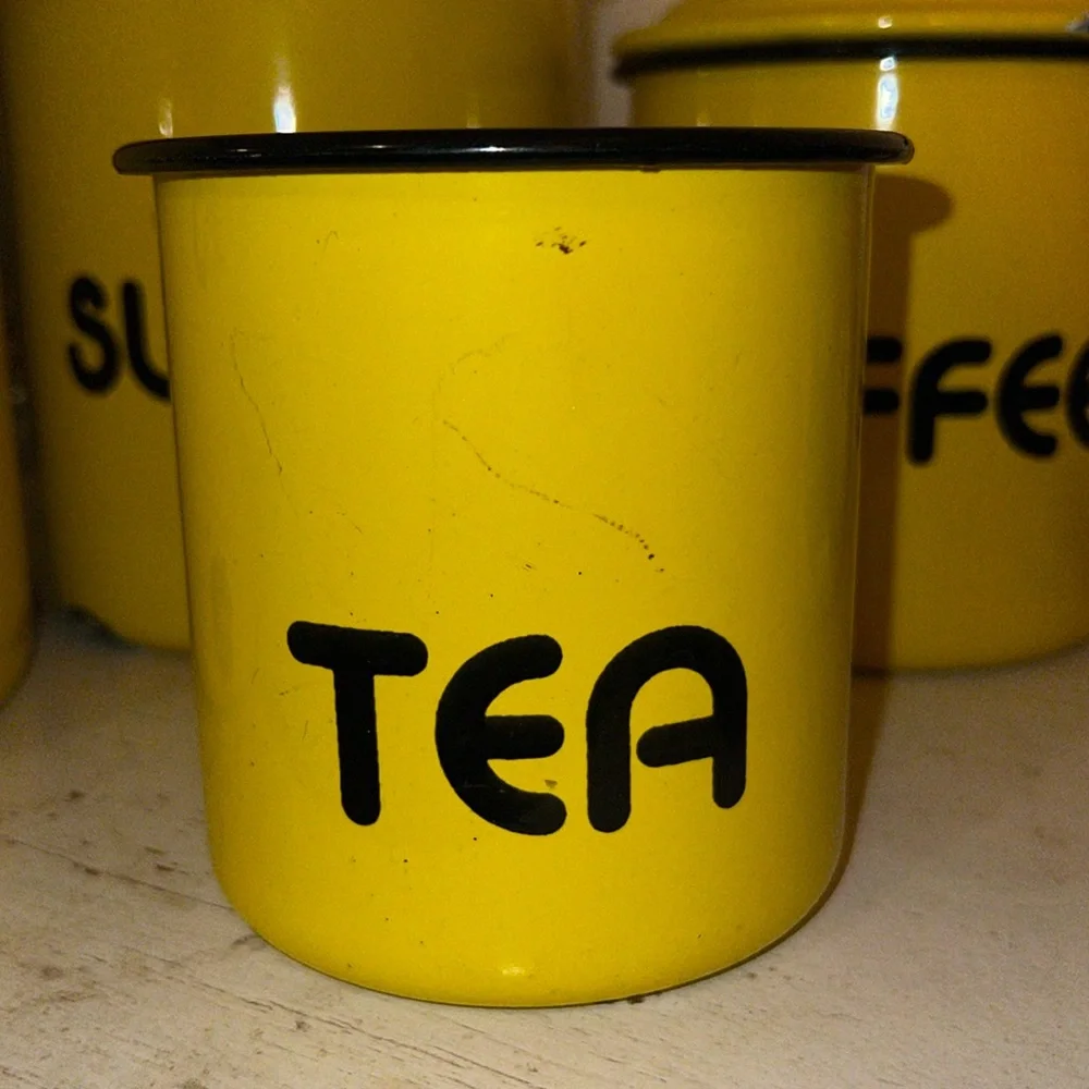 Vintage MCM Atomic yellow enamel ware kitchen canisters cookies coffee set